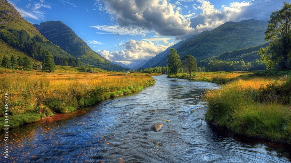 Fototapeta premium river surrounded by the mountains and meadows in scotland