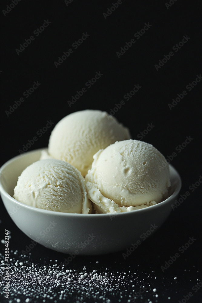 Natural healthy ice cream scoops in a bowl against a dark background Natural healthy ice cream scoops in a bowl against a dark background