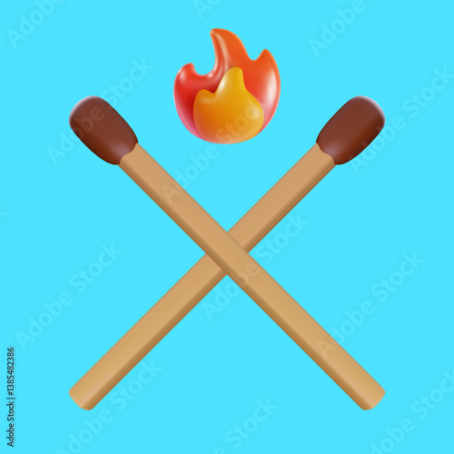 Two crossed matches with fire or flame in middle isolated on blue background. Realistic modern concept design composition for game, toy. Vector illustration in cartoon 3d style.