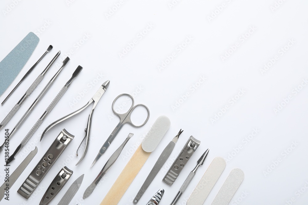 Set of different manicure tools on white background, flat lay. Space for text Set of different manicure tools on white background, flat lay. Space for text