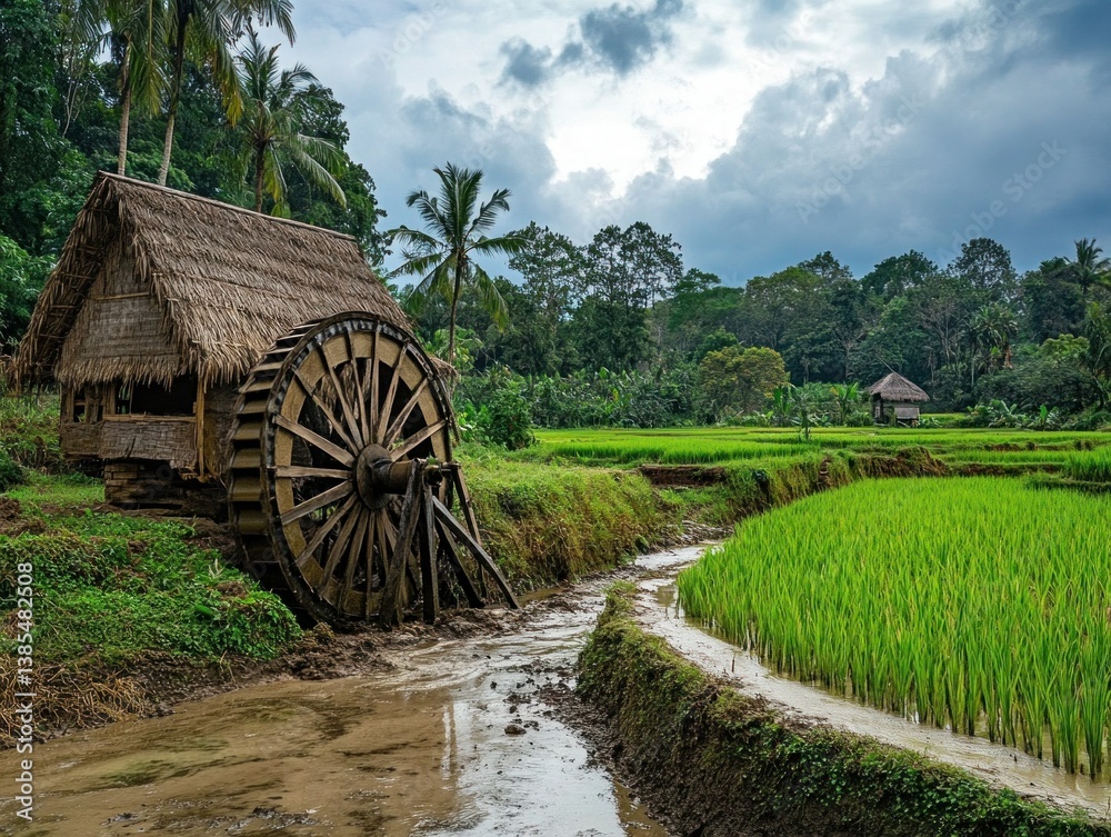 Obraz premium A farmer walking along the edge of a rice field, checking the water level and soil condition