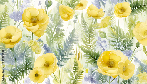 Yellow Flower and Fern Watercolor Painting Gentle Floral Background Art