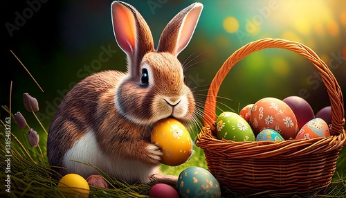 GenerThe Easter bunny.

Artificial intelligence created this illustration. Easter bunny and Easter eggs. ated image
