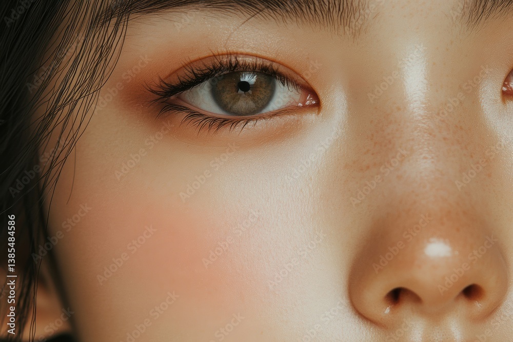 Fototapeta premium Close-up view of an individual showcasing captivating green eyes and smooth skin with natural makeup on a sunny day