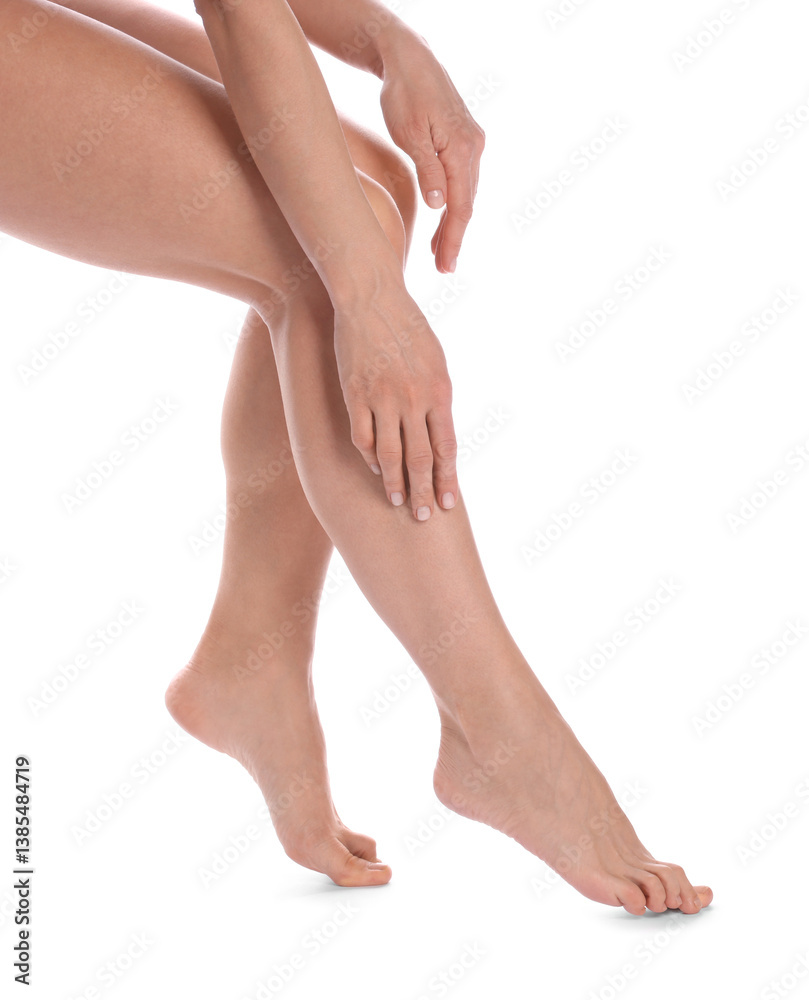 Epilation. Woman showing her legs with smooth soft skin on white background, closeup Epilation. Woman showing her legs with smooth soft skin on white background, closeup