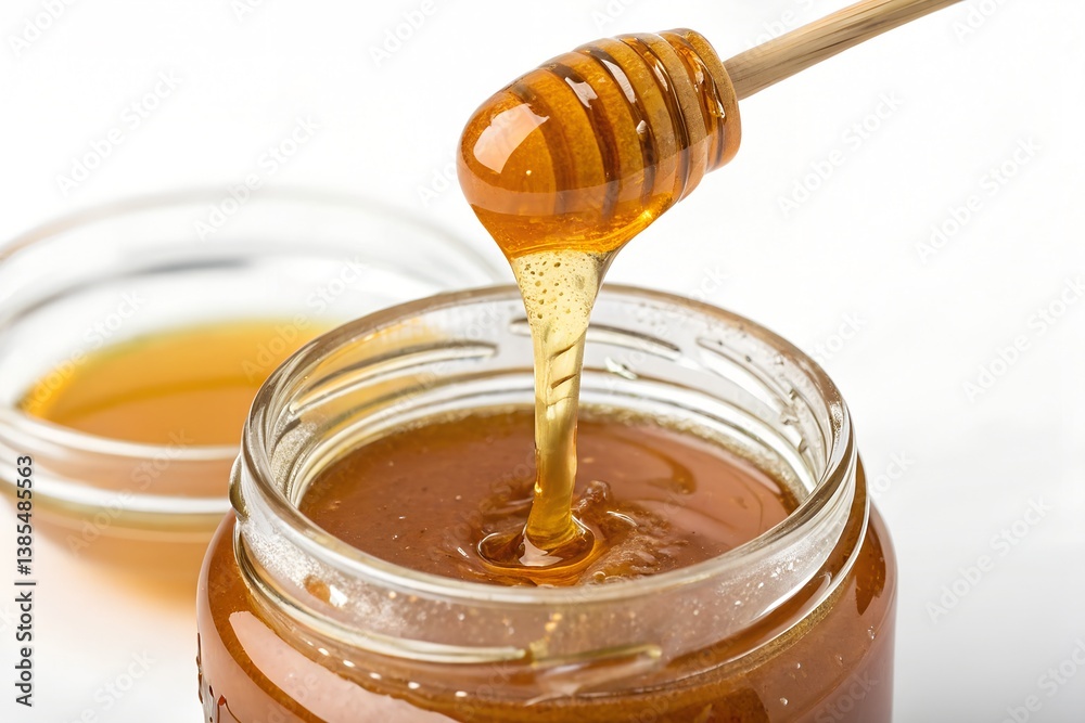 Pouring aromatic honey into jar, closeup Pouring aromatic honey into jar, closeup