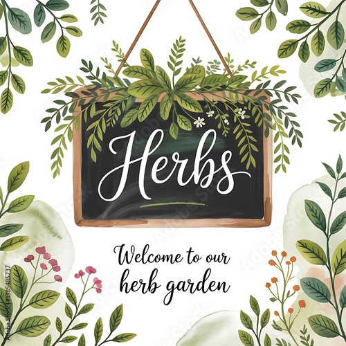 “Herbs” Sign with Leaves – Garden Welcome Poster