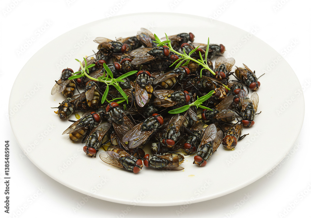 Close Up of Cooked Flies with Rosemary on a White Plate Close Up of Cooked Flies with Rosemary on a White Plate