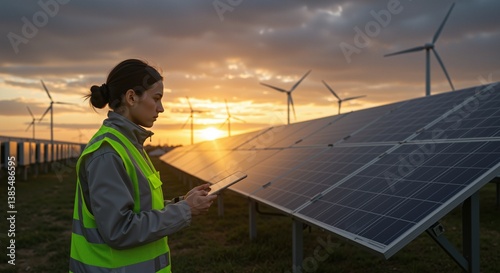 young woman in safety vest using tablet while standing next to solar panels at sunset, evoking a sense of innovation and sustainability at a renewable energy site