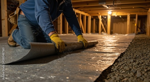 man installing vapor barrier in a crawl space, focused and diligent, carefully applying the roll to protect from moisture, illuminated by warm overhead lights