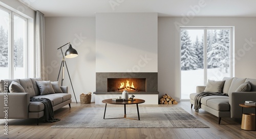 modern living room with cozy ambiance featuring a fireplace and winter view, exuding warmth and comfort, decorated with plush sofas and stylish light fixtures