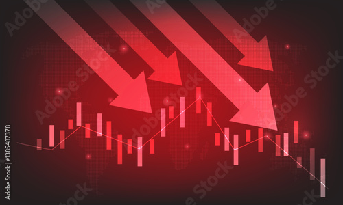 arrow down stock market investment global red technology background. Global economic slowdown and crisis. vector illustration fantastic technology.