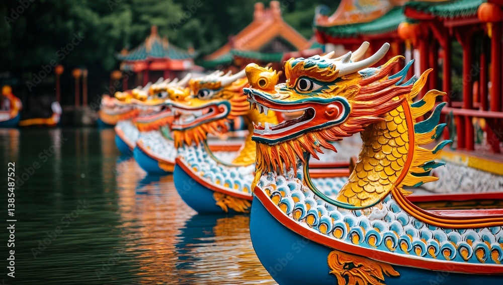 Obraz premium Vibrant Dragon Boats Lined Up on Calm Waters – Traditional Asian Festival Scene. Generative AI