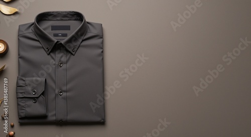 Folded dark gray shirt with detailed buttons exuding a sense of elegance and sophistication, placed on a minimalist neutral background alongside decorative leaves and candles