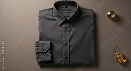 Stylish gray dress shirt neatly folded with buttons visible against a muted background conveying simplicity and elegance, complemented by gold accent decor