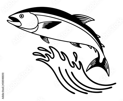 Jumping Cobia Fish Illustration, Cobia Drawing Leaping from Water, Black and White Cobia Art, Fish Jumping Graphic, Cobia Image with Water Splash, Ocean Fish Illustration.