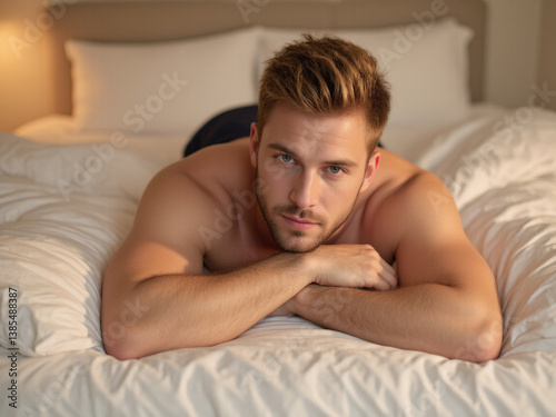 A fit, muscular man with a beard and blonde hair is lying on a white bed, wearing black underwear and smiling confidently.