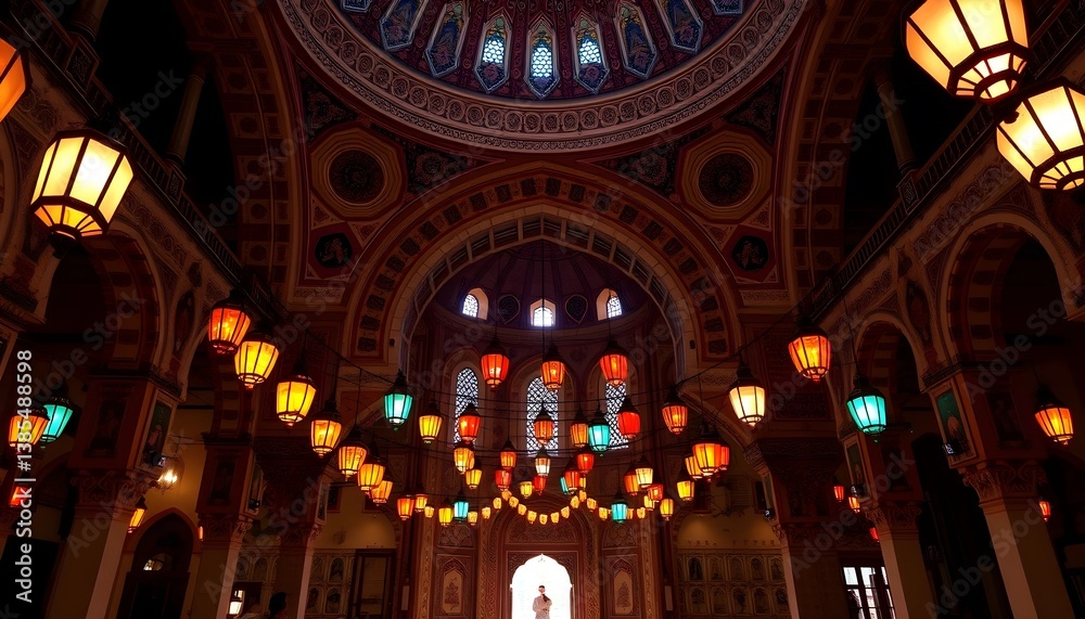 Obraz premium Illuminated Lanterns Hanging in Ornate Interior Architecture with Person