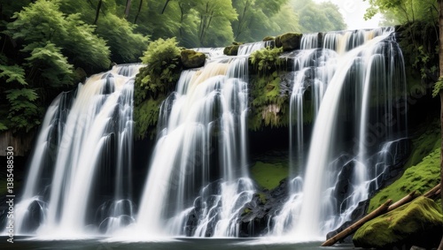 Majestic waterfall cascading through lush forest