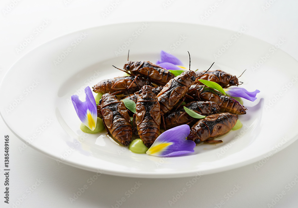 Close up of Roasted Insects on a White Plate with Purple Flowers and Green Herbs Close up of Roasted Insects on a White Plate with Purple Flowers and Green Herbs