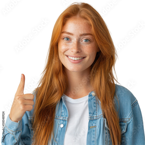 Happy redhead girl thumbs up denim jacket positive vibes isolated on transparent background