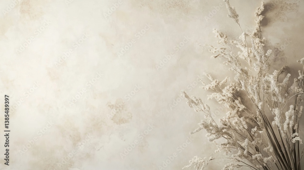 Elegant beige background with soft texture and dried floral accents providing a calming and minimalist design Elegant beige background with soft texture and dried floral accents providing a calming and minimalist design