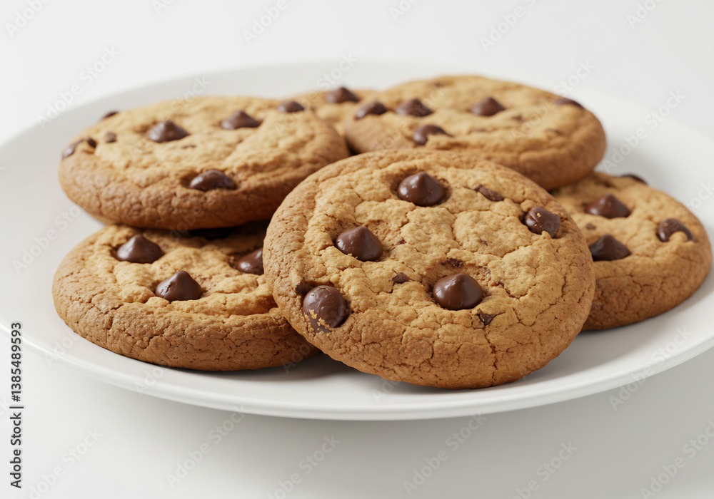 Close up of Several Golden Brown Chocolate Chip Cookies on a White Plate Close up of Several Golden Brown Chocolate Chip Cookies on a White Plate