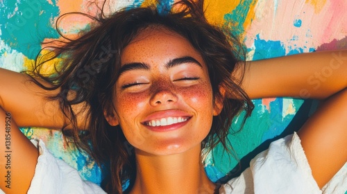 A person smiling in front of a positive motivational quote on a wall.