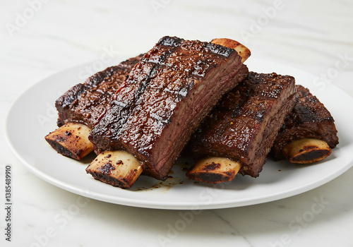 Close Up of Three Grilled Beef Ribs on White Plate