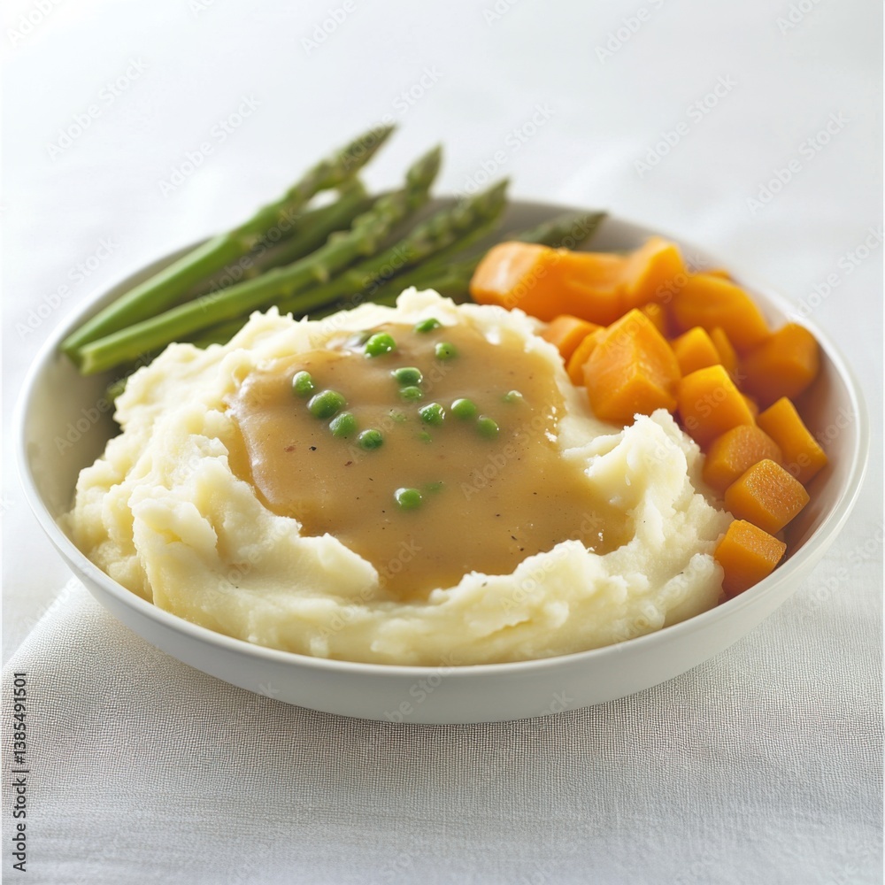 A bowl of creamy mashed potatoes with gravy and a side of steamed vegetables. Featuring comfort and satisfaction A bowl of creamy mashed potatoes with gravy and a side of steamed vegetables. Featuring comfort and satisfaction