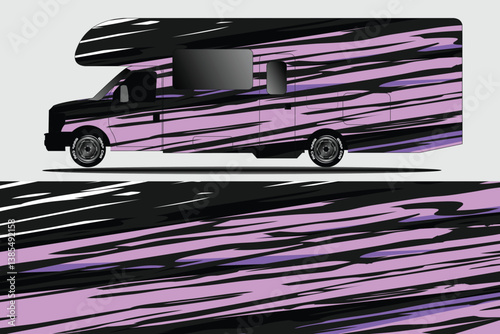 Stylish camper van with a vibrant purple and black design parked against a minimalist background