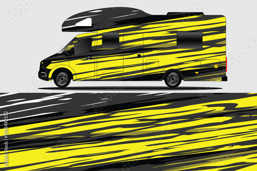 Sleek yellow and black camper van parked on a stylized road with abstract patterns in the background