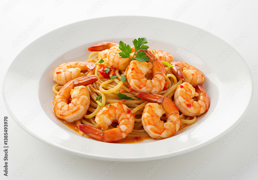 Closeup of Red Sauced Shrimp Spaghetti on White Plate Closeup of Red Sauced Shrimp Spaghetti on White Plate