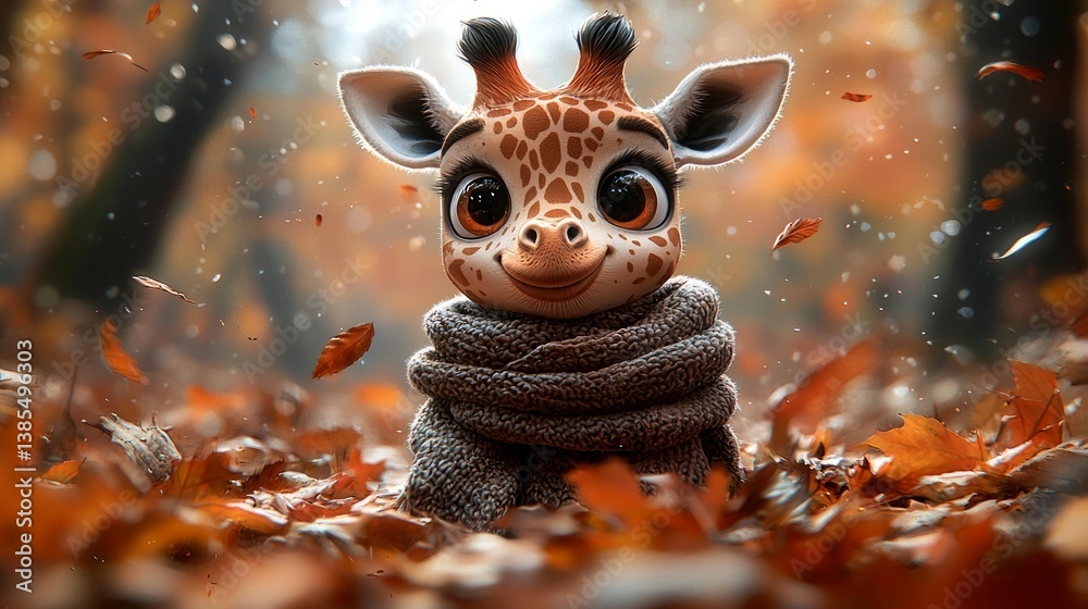 Naklejka premium Adorable Baby Giraffe in Autumn Leaves: A Cozy Fall Scene