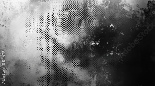 Abstract grayscale texture with halftone pattern and grunge effect.