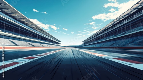 Race track asphalt, speed, grandstand, sunny day, motion blur, motorsport, advertising