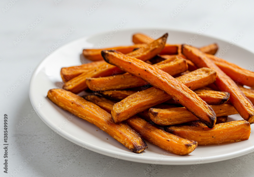 Crispy Baked Sweet Potato Fries on White Plate Crispy Baked Sweet Potato Fries on White Plate