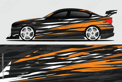 Dynamic side view of a stylized racing car with vibrant orange and black graphics on a minimalist background