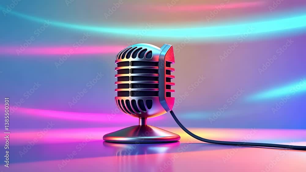 Vintage silver microphone with spiral grill on glossy surface under colorful gradient lighting in a vibrant, futuristic studio background

