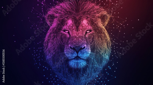 Abstract polygonal lion head portrait in vibrant pink, blue, and red hues on a dark background.