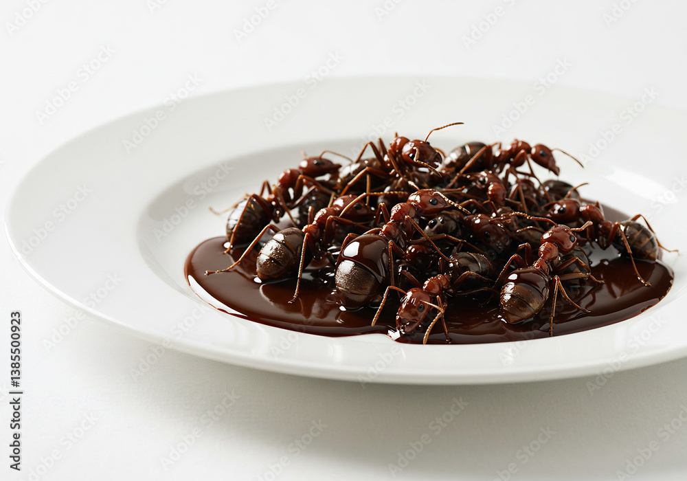 Dark Chocolate Covered Ants on White Plate Culinary Dish Dark Chocolate Covered Ants on White Plate Culinary Dish