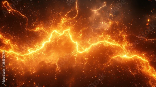 Fiery electrical energy surging through space.  Intense, orange-yellow plasma flows, with shimmering particles