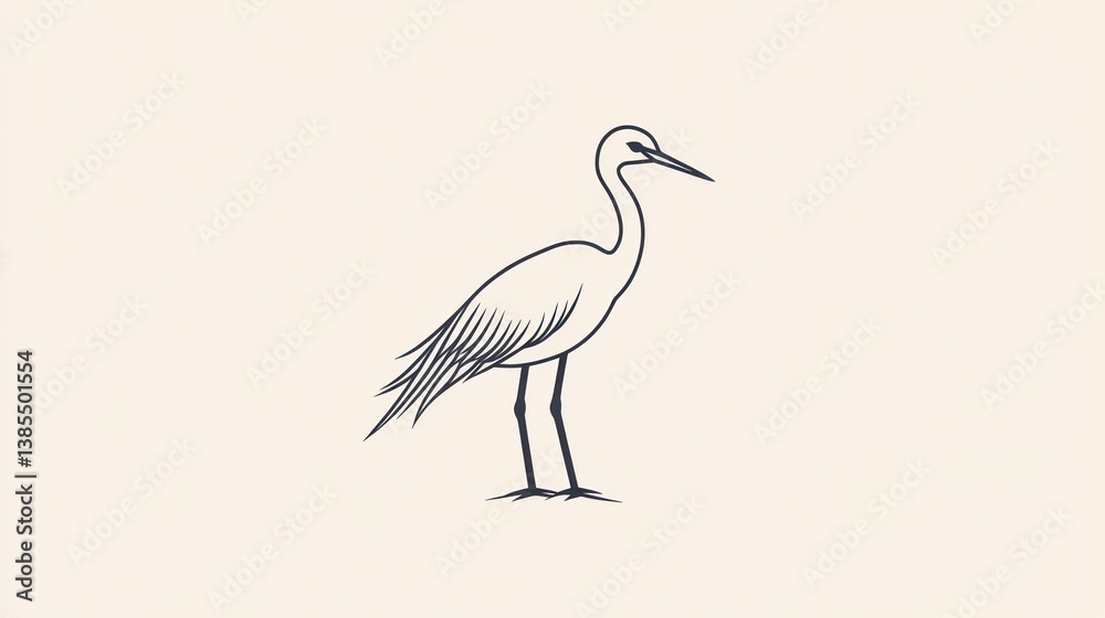 Fototapeta premium Elegant Heron Silhouette, Elegant Bird, Line Art, Nature Design, Stock Illustration, Printable