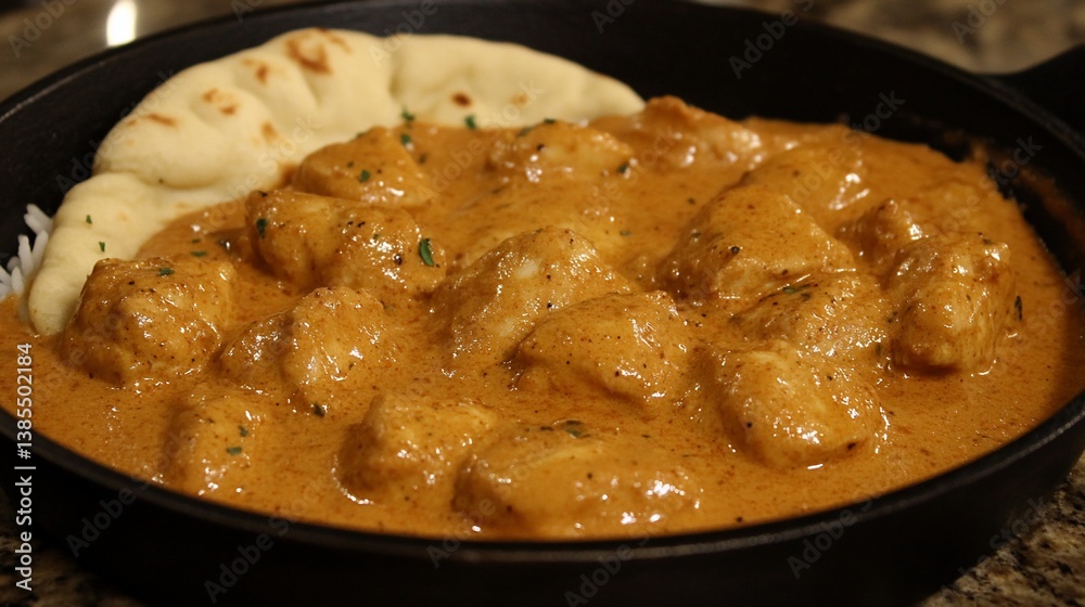 Chicken curry in a pan with naan bread Chicken curry in a pan with naan bread