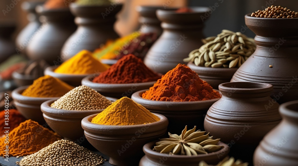 Assorted Spices in Clay Pots for Cooking and Flavor