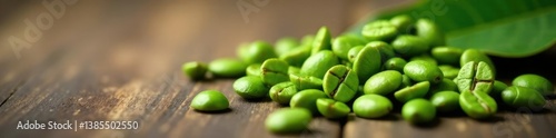Wallpaper Mural Green coffee beans scattered on a wooden table, agricultural, natural texture Torontodigital.ca