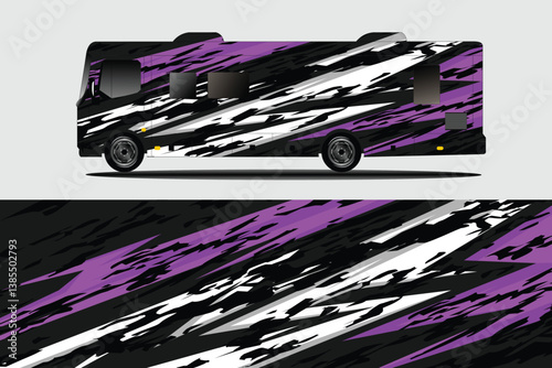 Abstractly designed RV with dynamic purple, black, and white stripes against a neutral background