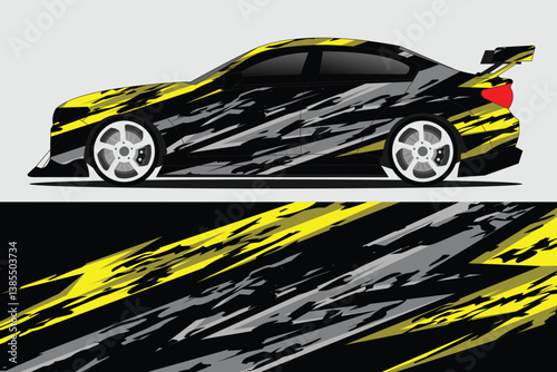 Sleek racing car with dynamic yellow and black graphic design on a minimalist background