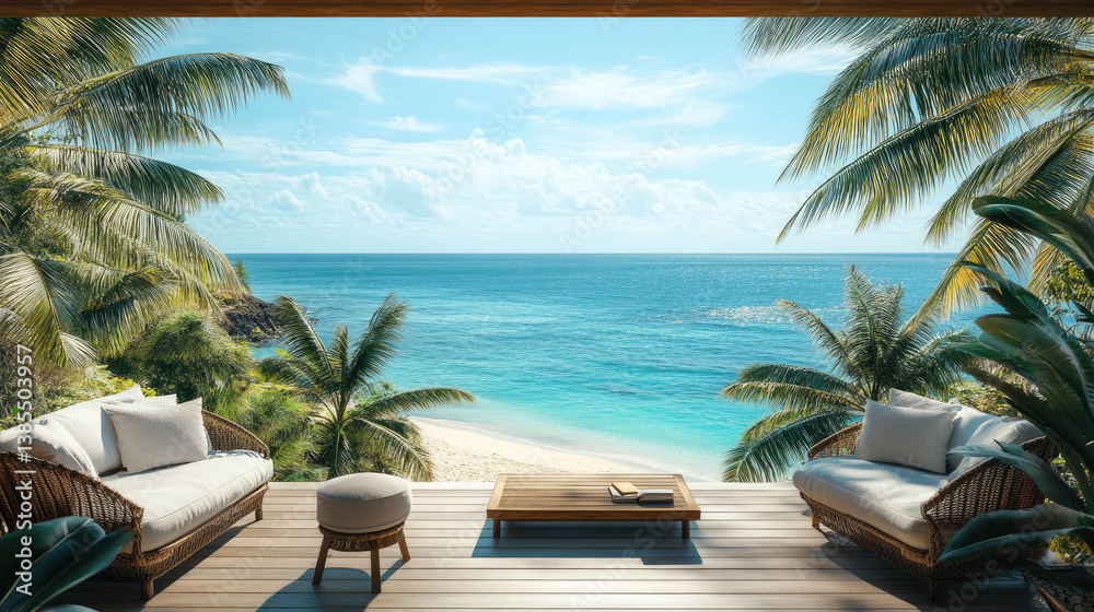 Fototapeta premium Tropical beachfront balcony with cozy seating area and panoramic ocean view, surrounded by lush greenery and palm trees, symbolizing serenity, leisure, and exotic island vacation