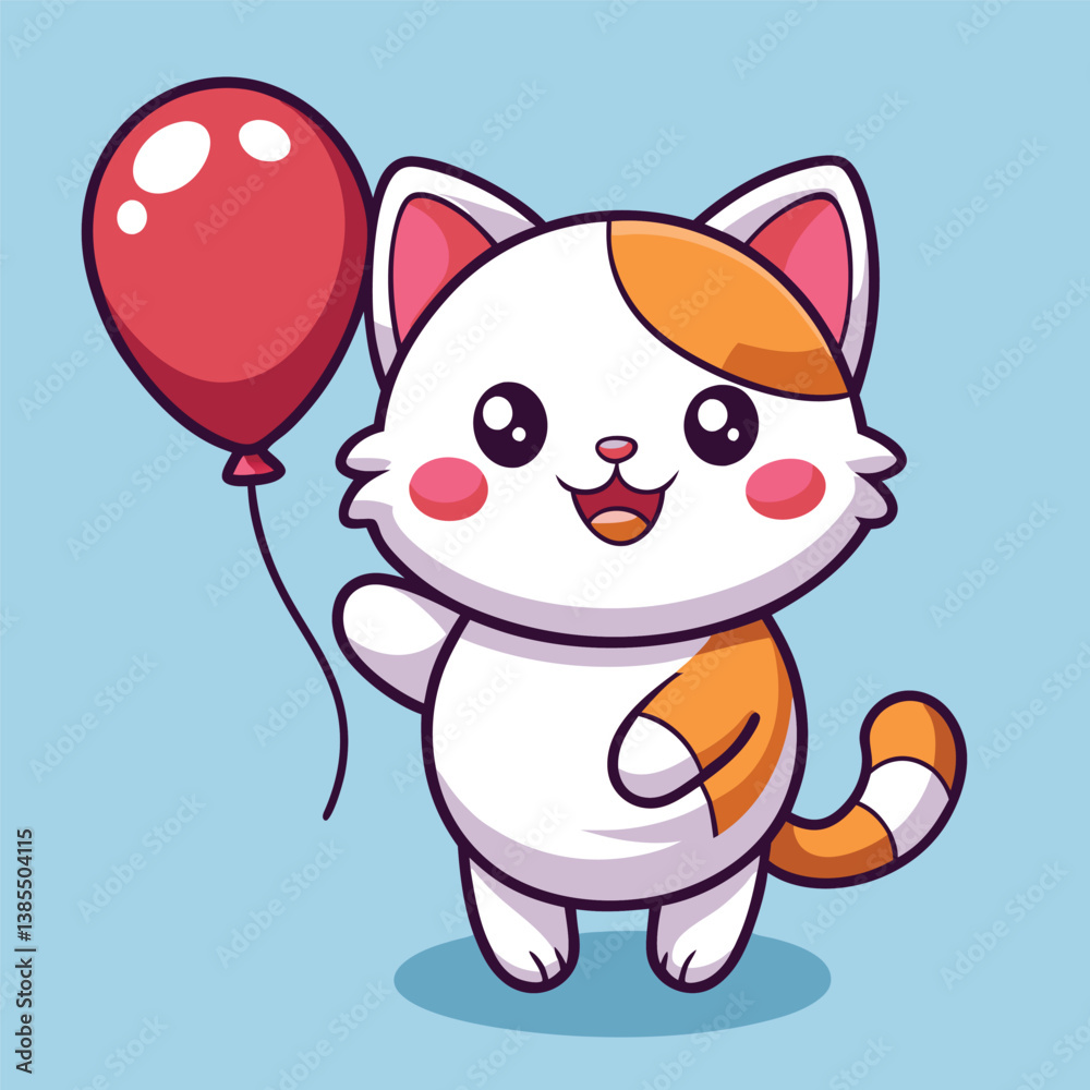 Happy Cartoon Cat Holding Red Balloon on Blue Background Happy Cartoon Cat Holding Red Balloon on Blue Background